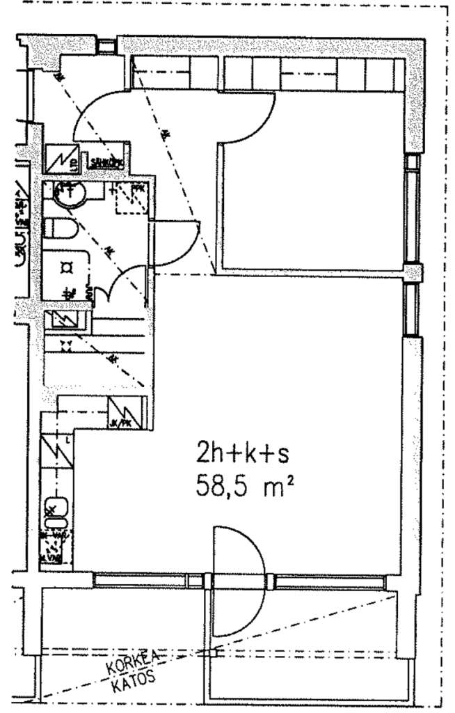 Ritariperhonen pohjakuva 58m2. 2 huonetta + keittiö + sauna
