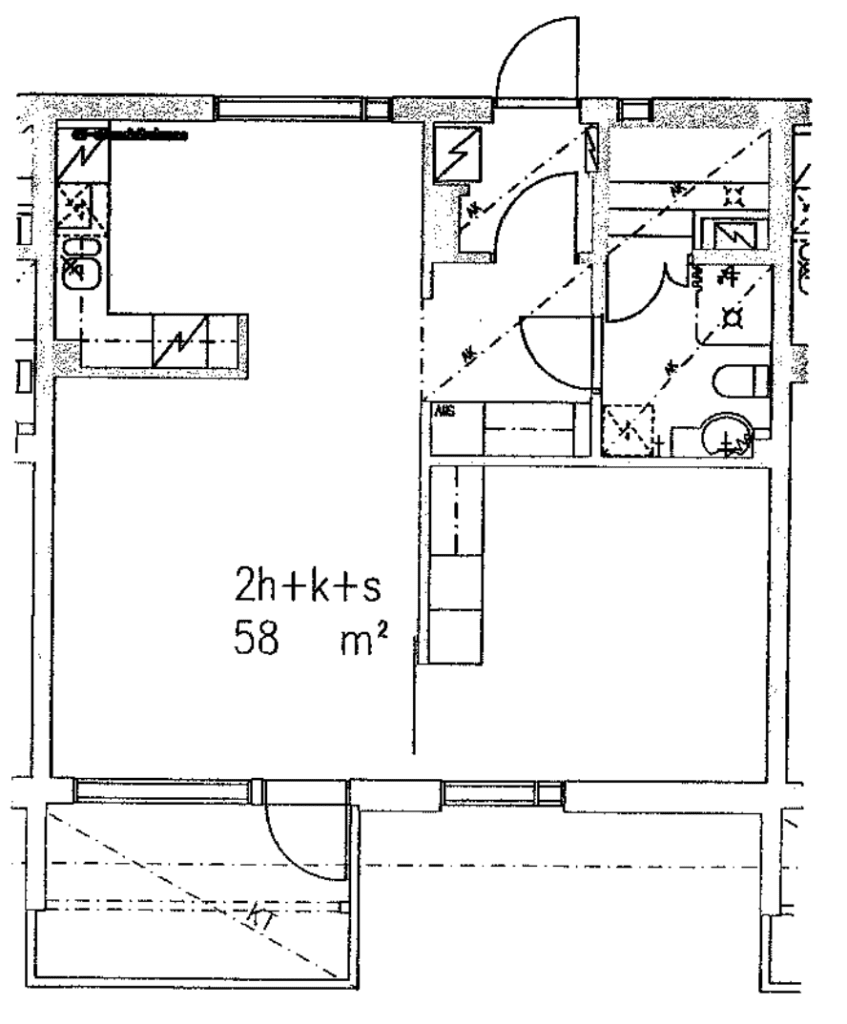 Ritariperhonen pohjakuva 58,5m2. 2 huonetta + keittiö + sauna