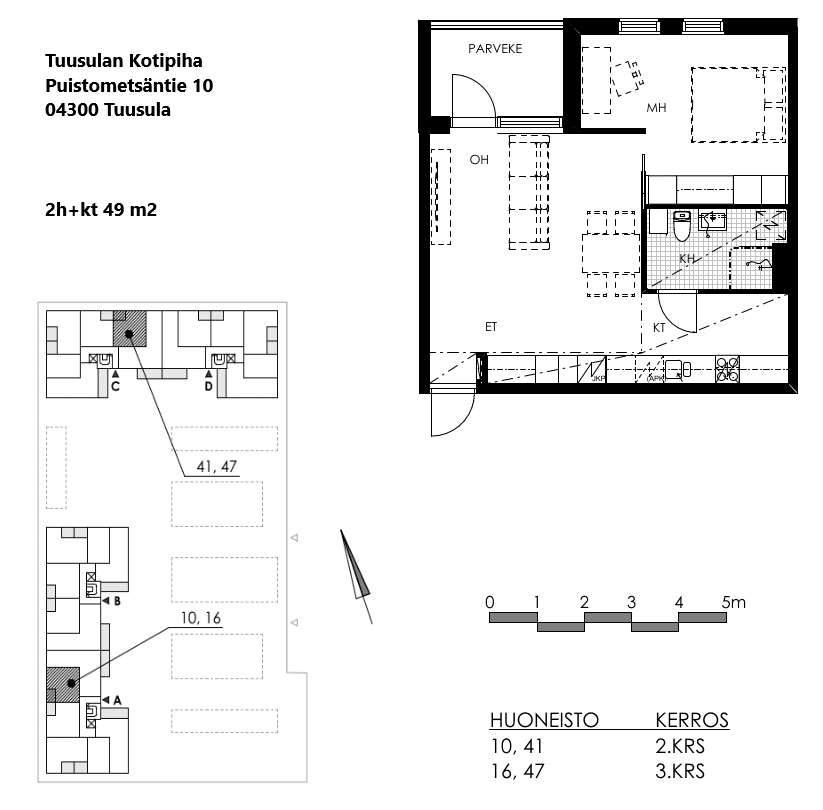 puistometsäntie 10. 2 huonetta + keittiö pohjakuva. Huonteistot 10,16,41,47