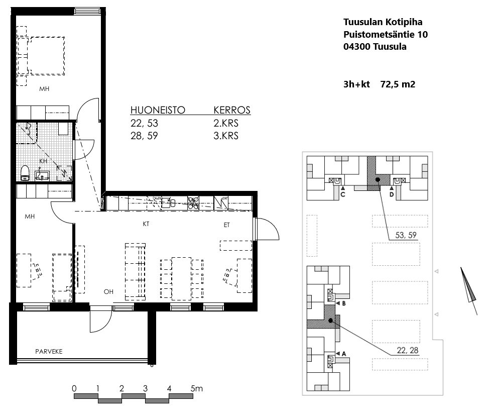 Puistometsäntie 10. 3 huonetta + keittiö pohjakuva. Huonteistot 22, 28, 53, 59